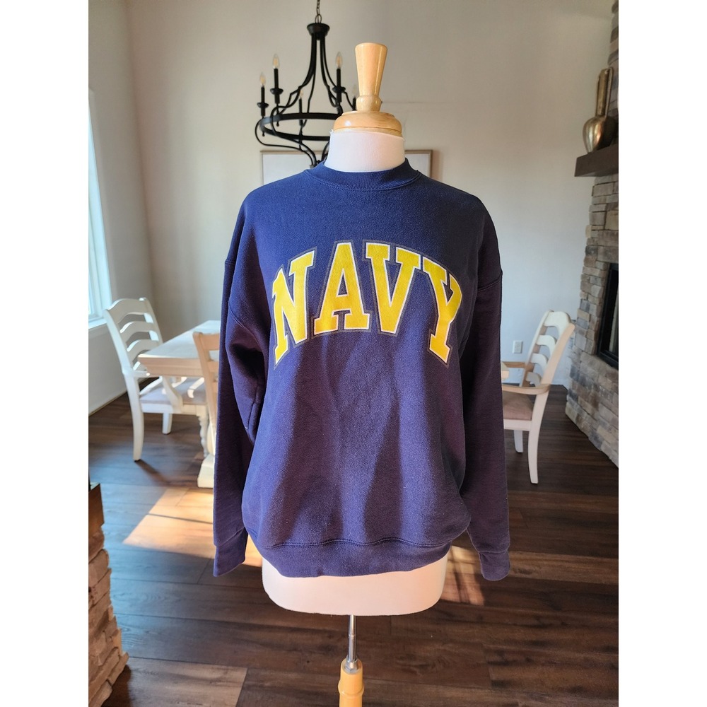 Vintage‎ 90s Navy Crewneck Sweatshirt  College Graphic Blue Large Double Sided